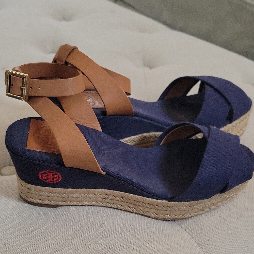 Tory Burch Blue and Tan Espadrille Wedges